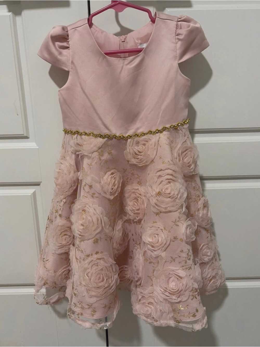 Rare Editions Pink Floral Rosette Dress with Gold Waist Trim